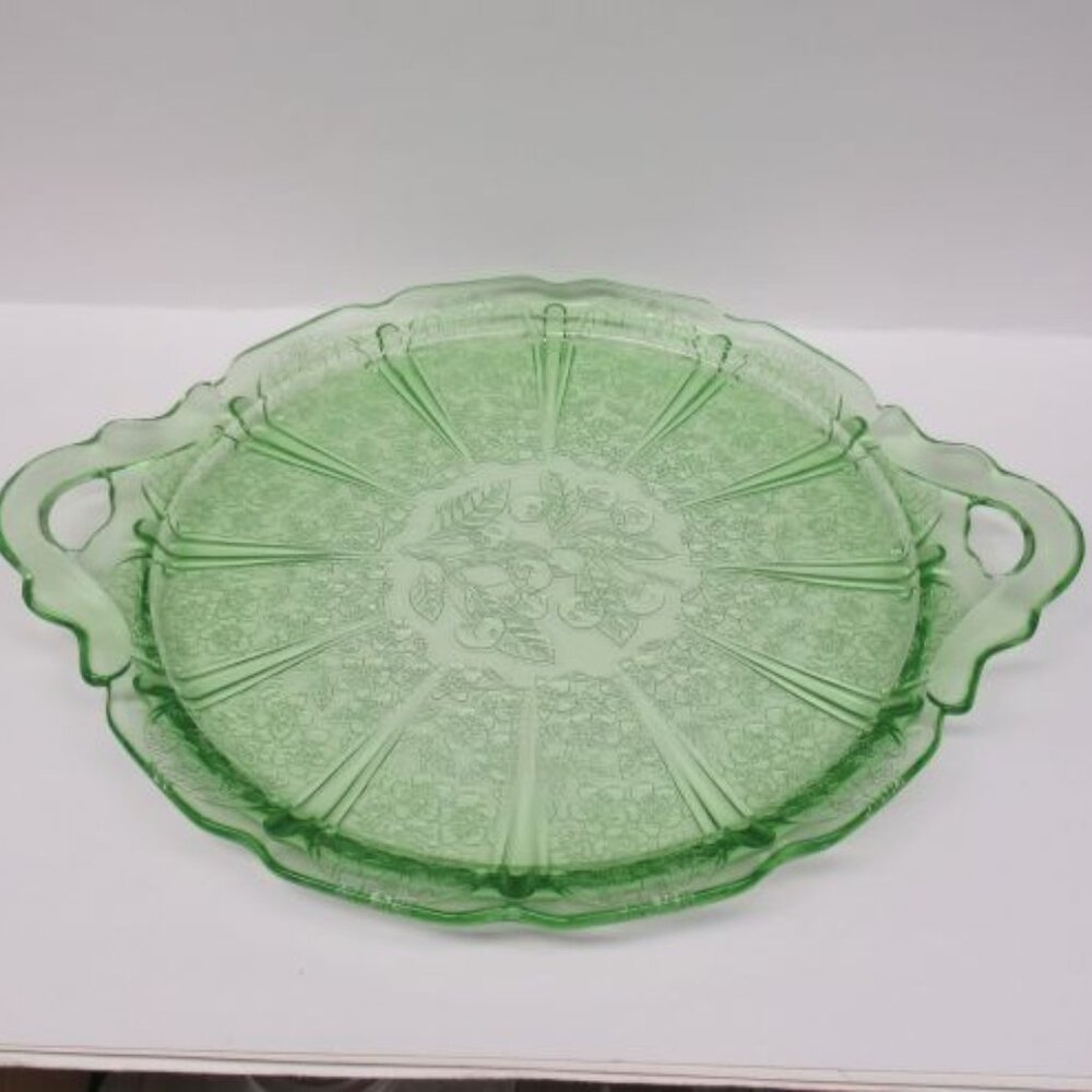 Jeannette Depression Glass Green CHERRY BLOSSOM Two-Handled Sandwich Tray